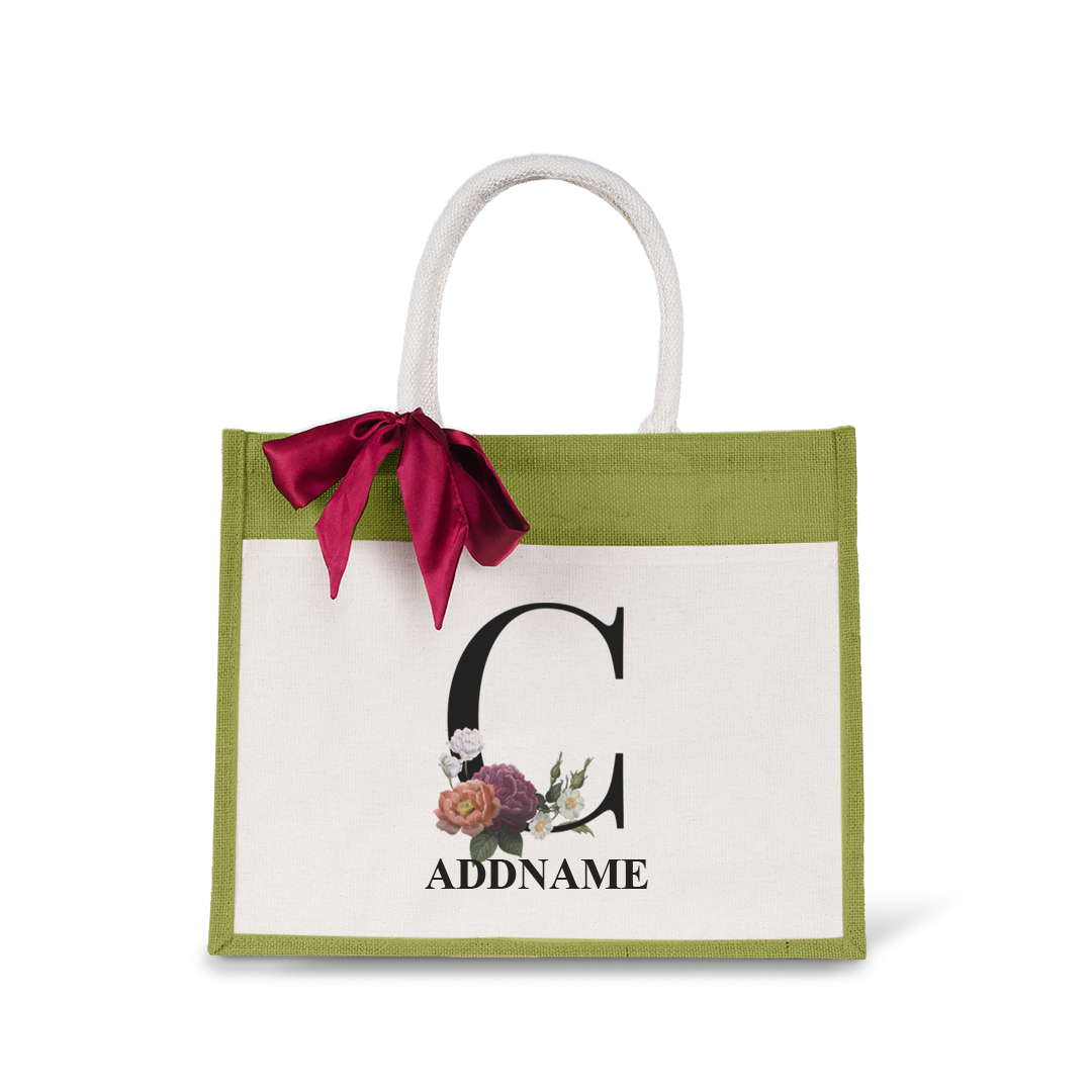 Myra Floral Series Olive Green Jute Bag with Front Pocket