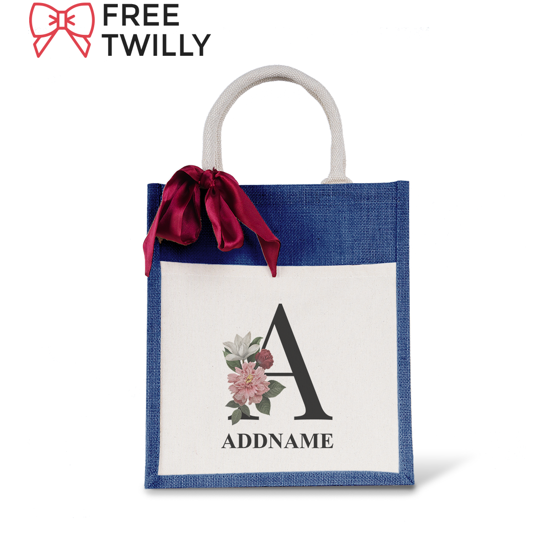 Myra Floral Series Navy Colourful Jute Bag With Front Pocket