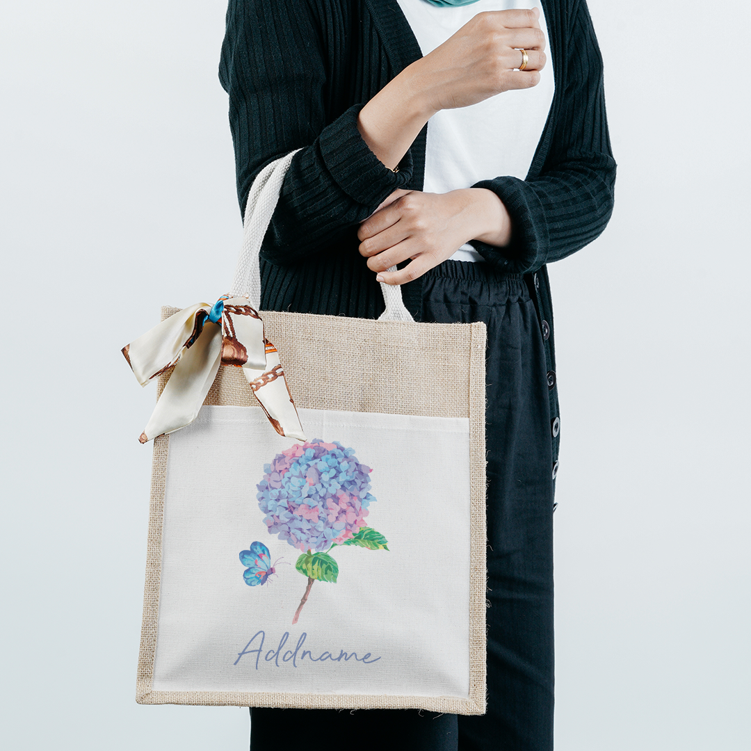 Hydrangea with Colourful Jute Bag with Front Pocket