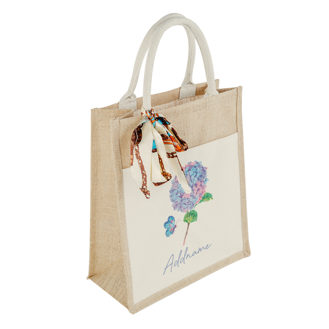 Hydrangea with Colourful Jute Bag with Front Pocket