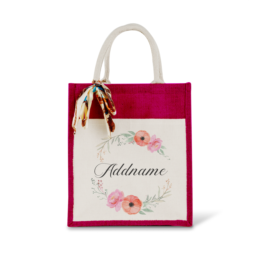 Elegant Flower Wreath Colourful Jute Bag With Front Pocket