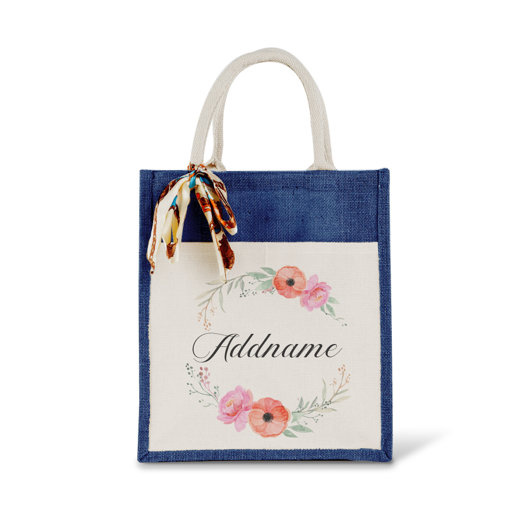 Elegant Flower Wreath Colourful Jute Bag With Front Pocket