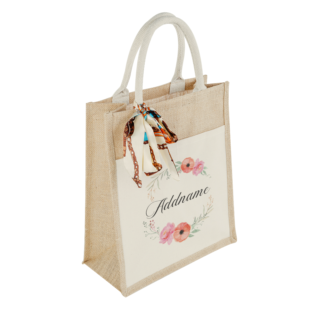 Elegant Flower Wreath Colourful Jute Bag With Front Pocket