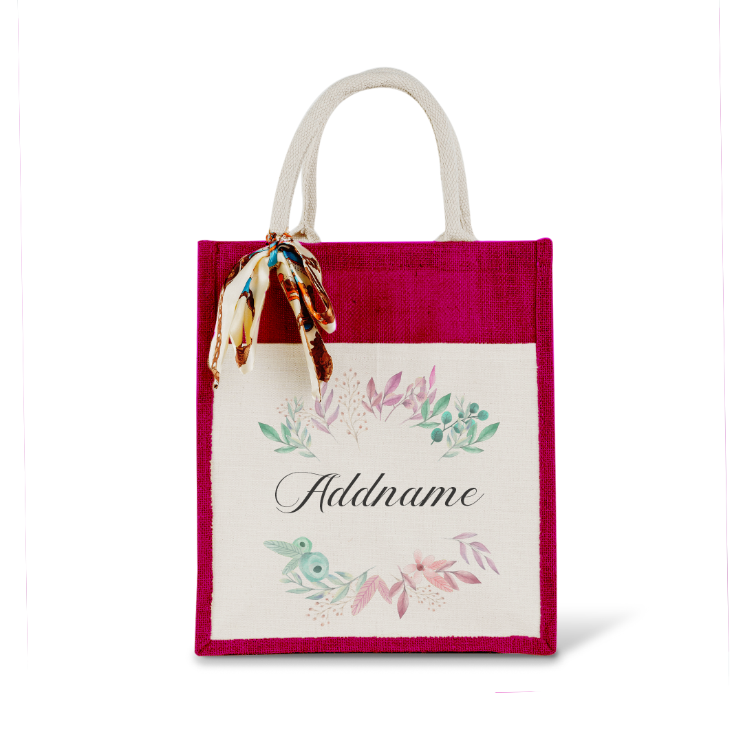 Flower Wreath With Leaves Colourful Jute Bag With Front Pocket