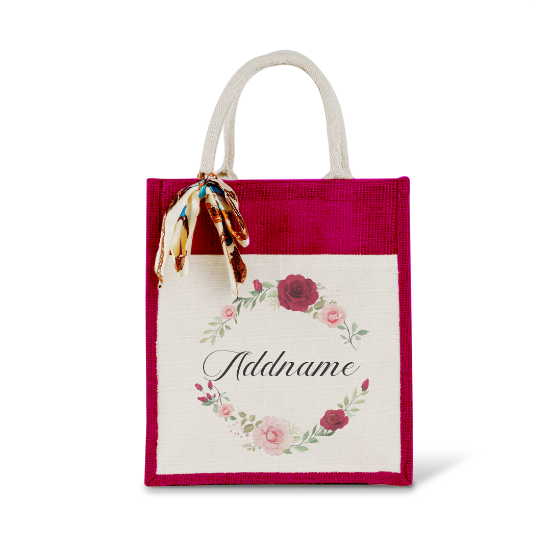 Luxurious Flower Wreath Colourful Jute Bag With Front Pocket