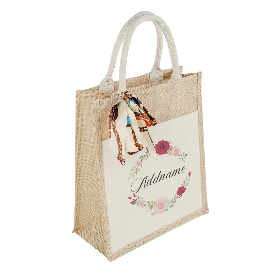 Luxurious Flower Wreath Colourful Jute Bag With Front Pocket