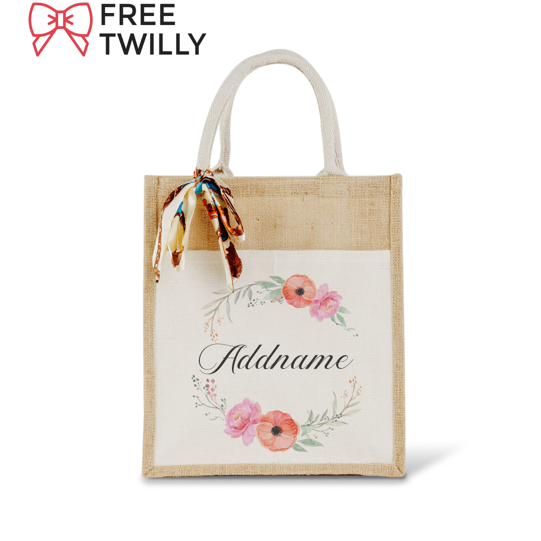 Elegant Flower Wreath Colourful Jute Bag With Front Pocket