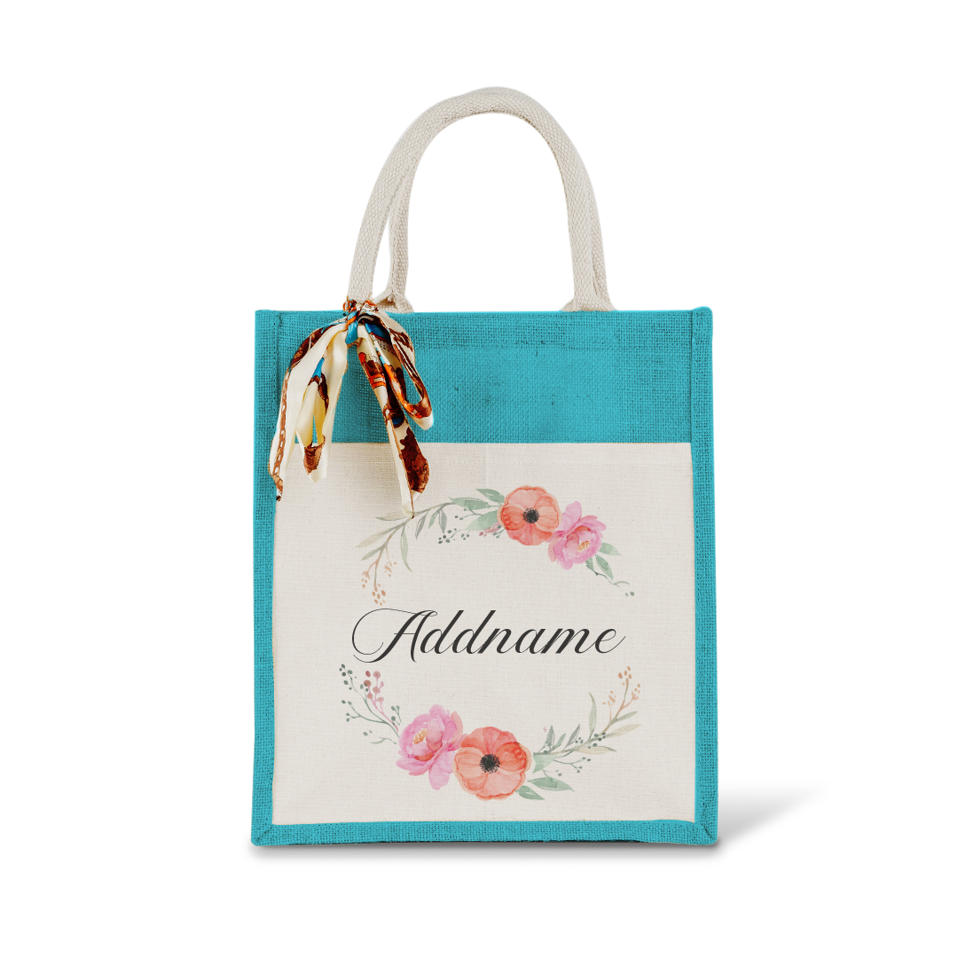 Elegant Flower Wreath Colourful Jute Bag With Front Pocket