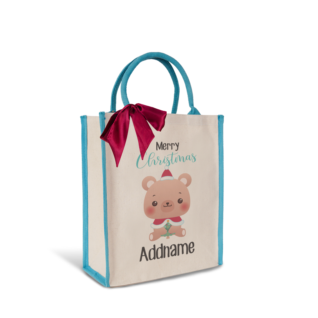 Christmas Cute Animal Series Merry Christmas Bear Blue Colour Lining Canvas Bag