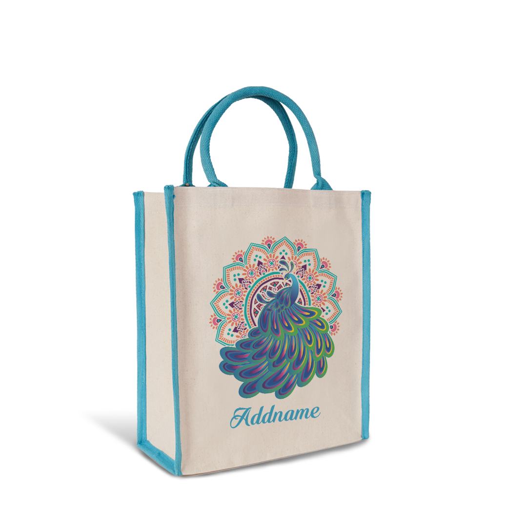 Deepavali Kolam Series Virtue Peacock with Light Blue Mandala Colour Lining Canvas Bag