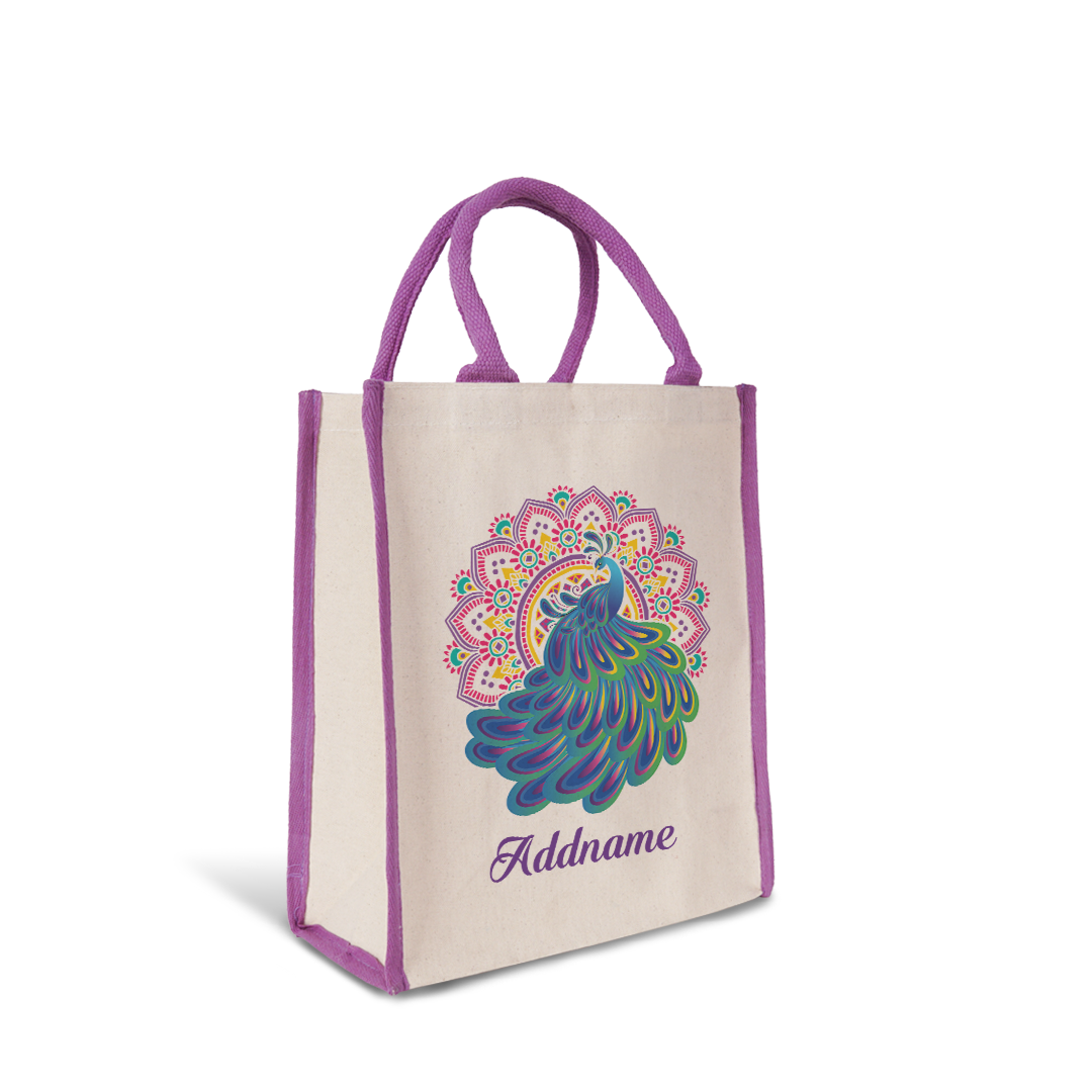 Deepavali Kolam Series Virtue Peacock with Purple Mandala Colour Lining Canvas Bag