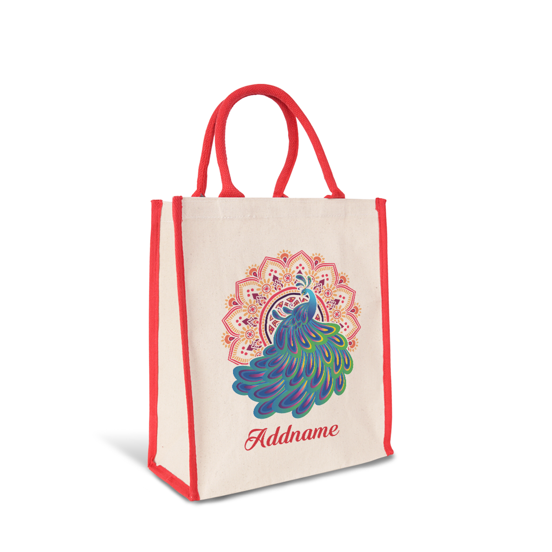 Deepavali Kolam Series Virtue Peacock with Red Mandala Colour Lining Canvas Bag