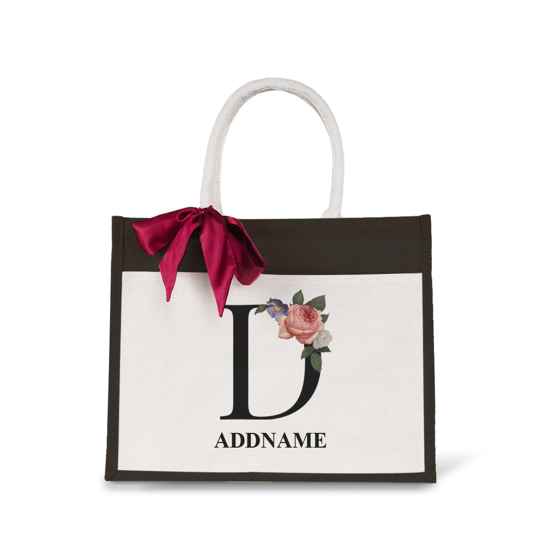 Myra Floral Series Black Jute Bag with Front Pocket