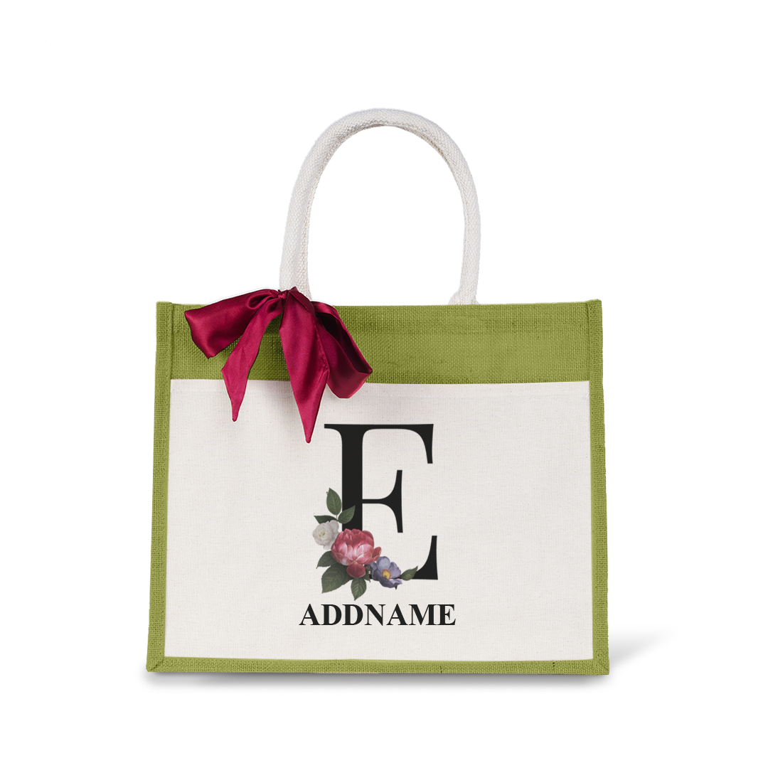 Myra Floral Series Olive Green Jute Bag with Front Pocket