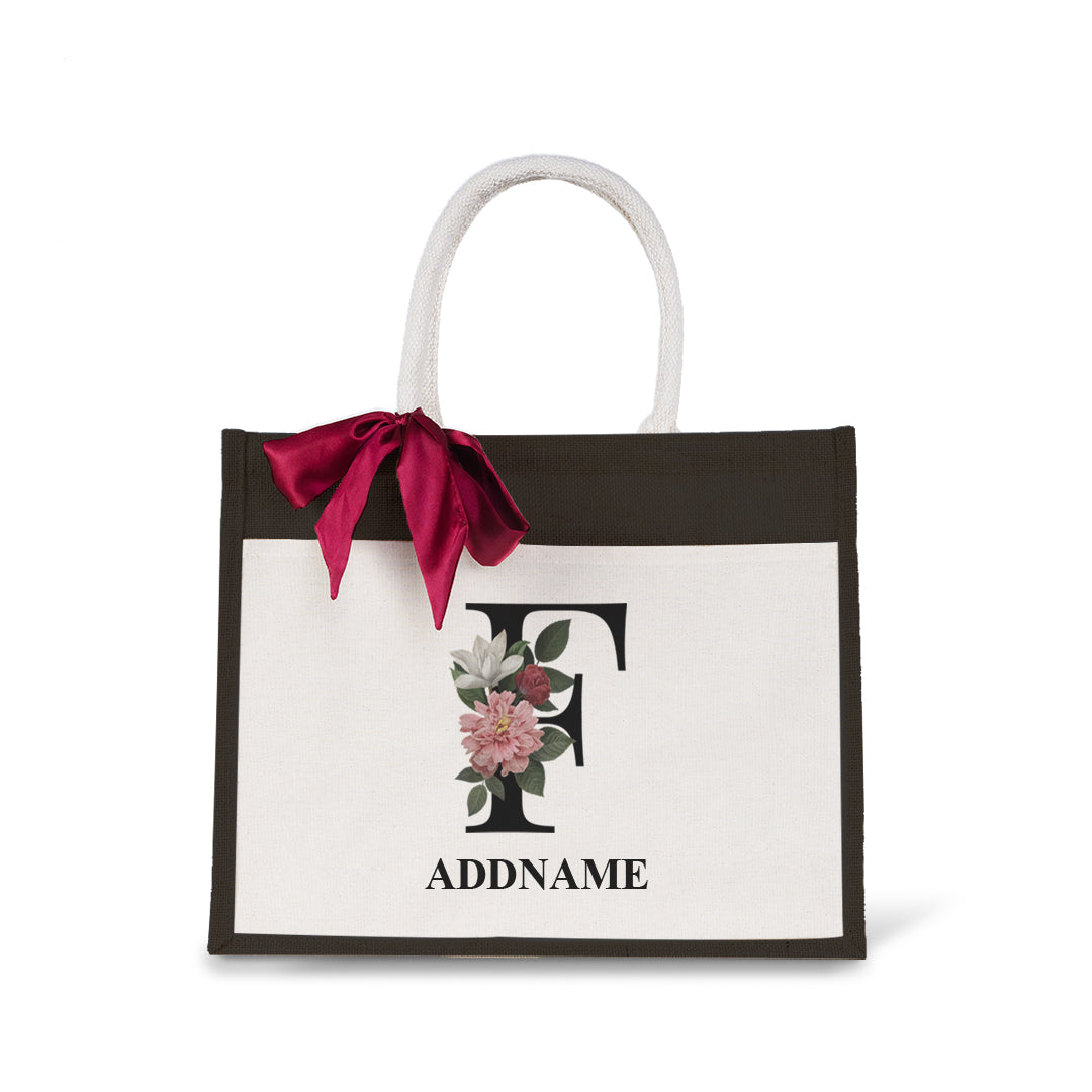 Myra Floral Series Black Jute Bag with Front Pocket