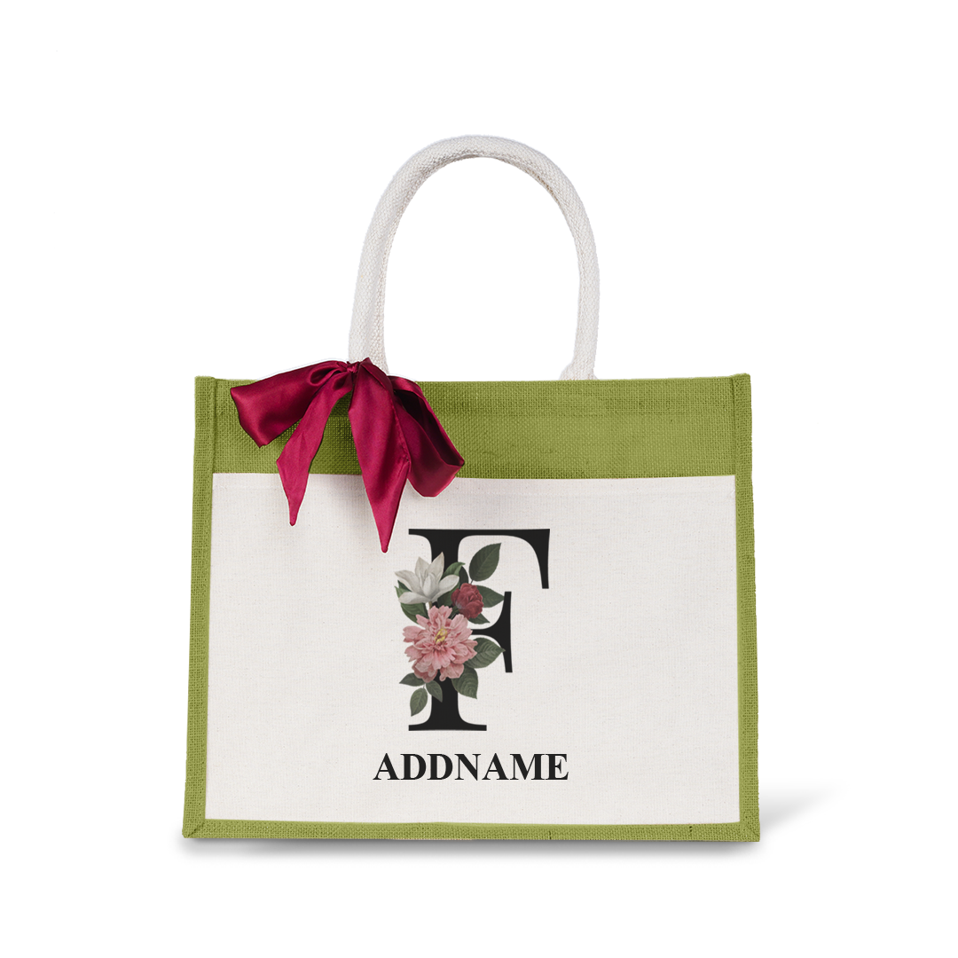 Myra Floral Series Olive Green Jute Bag with Front Pocket