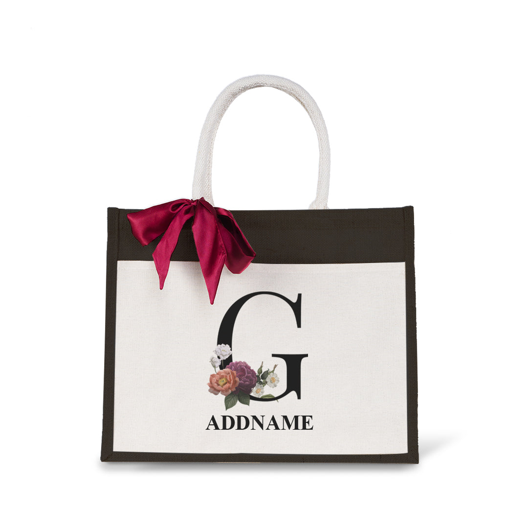 Myra Floral Series Black Jute Bag with Front Pocket