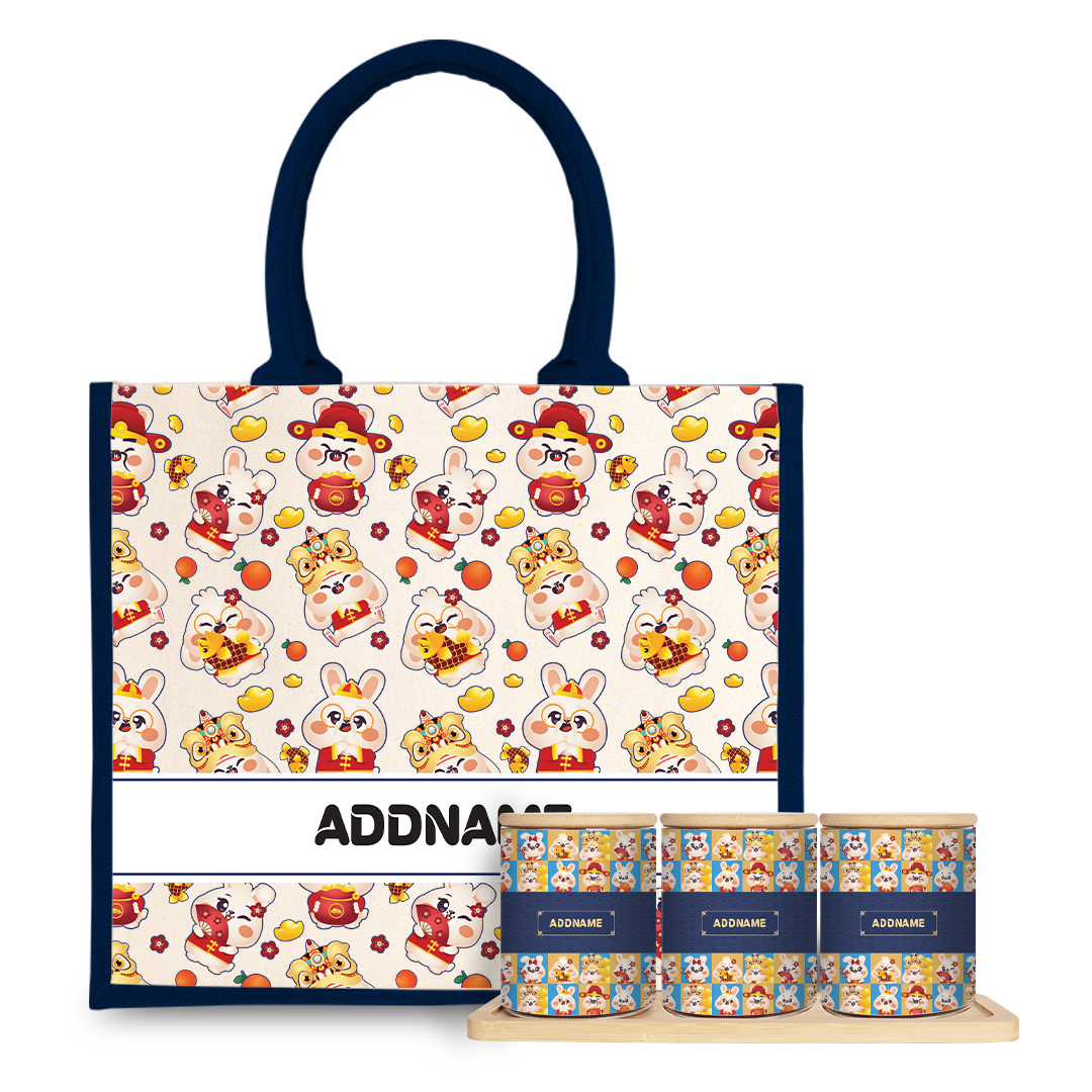 Cny Rabbit Family - Navy Half Lining Jute Bag And Canister Set