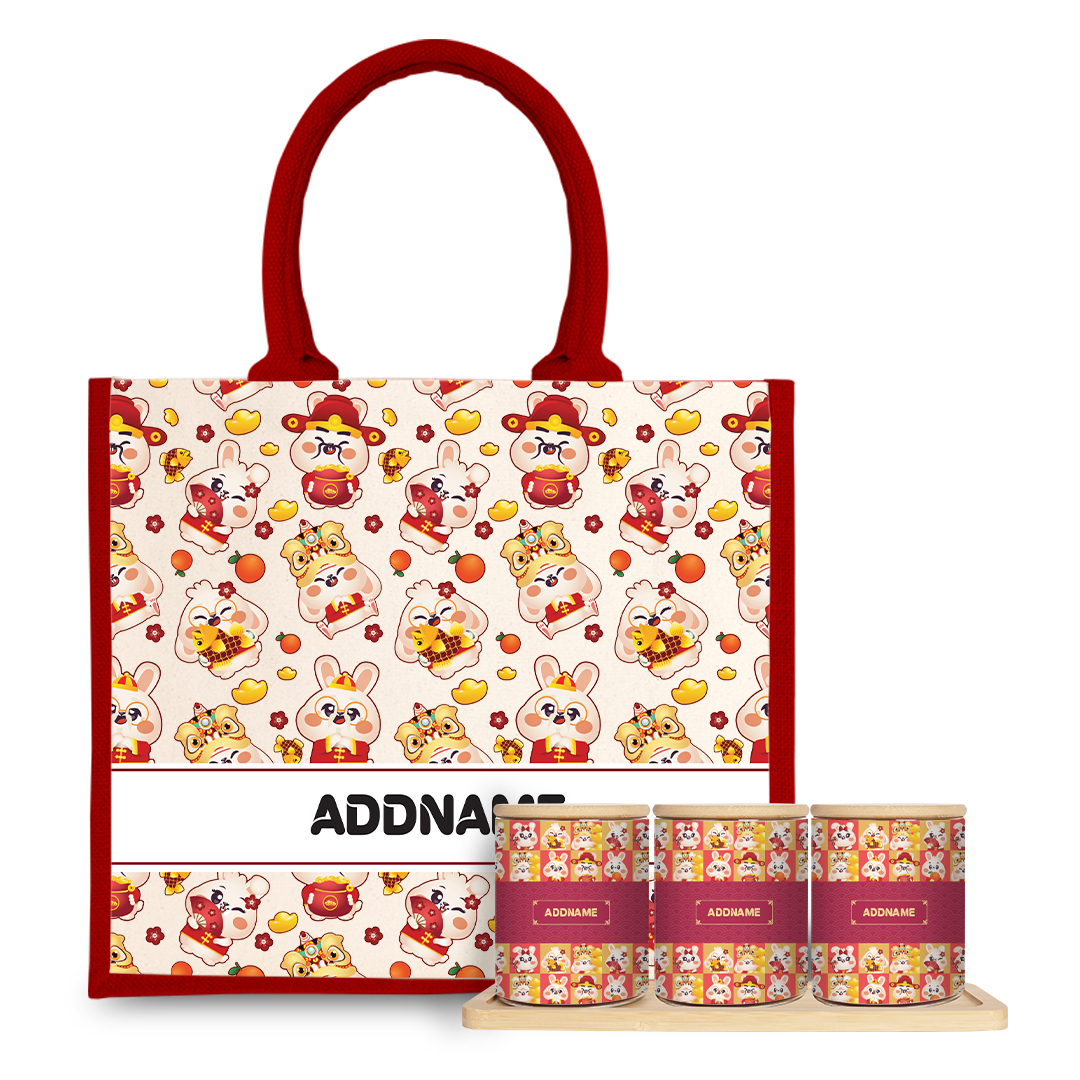 Cny Rabbit Family - Navy Half Lining Jute Bag And Canister Set