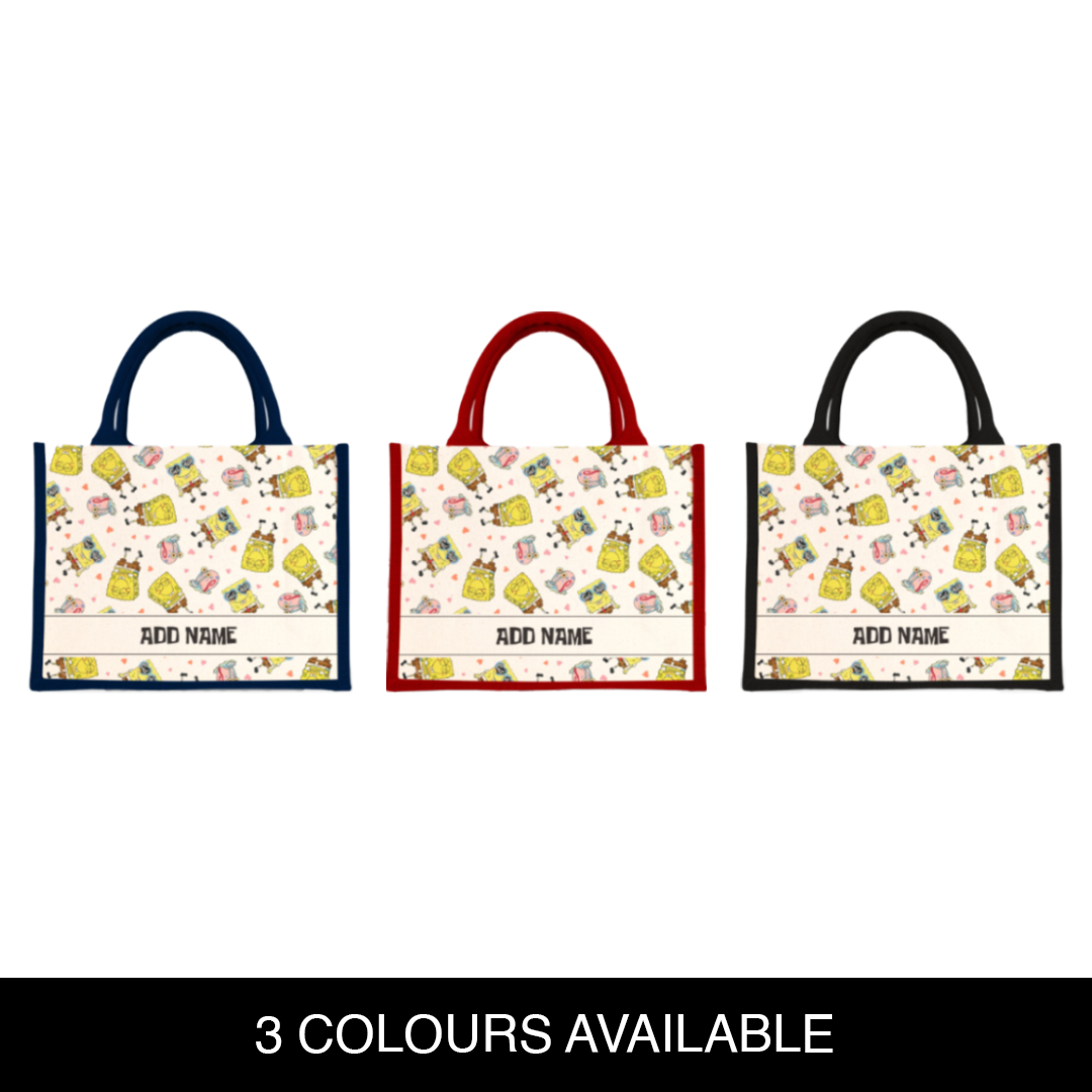 SpongeBob - Get Happy Pattern Personalized Half Lining Small Jute Bag