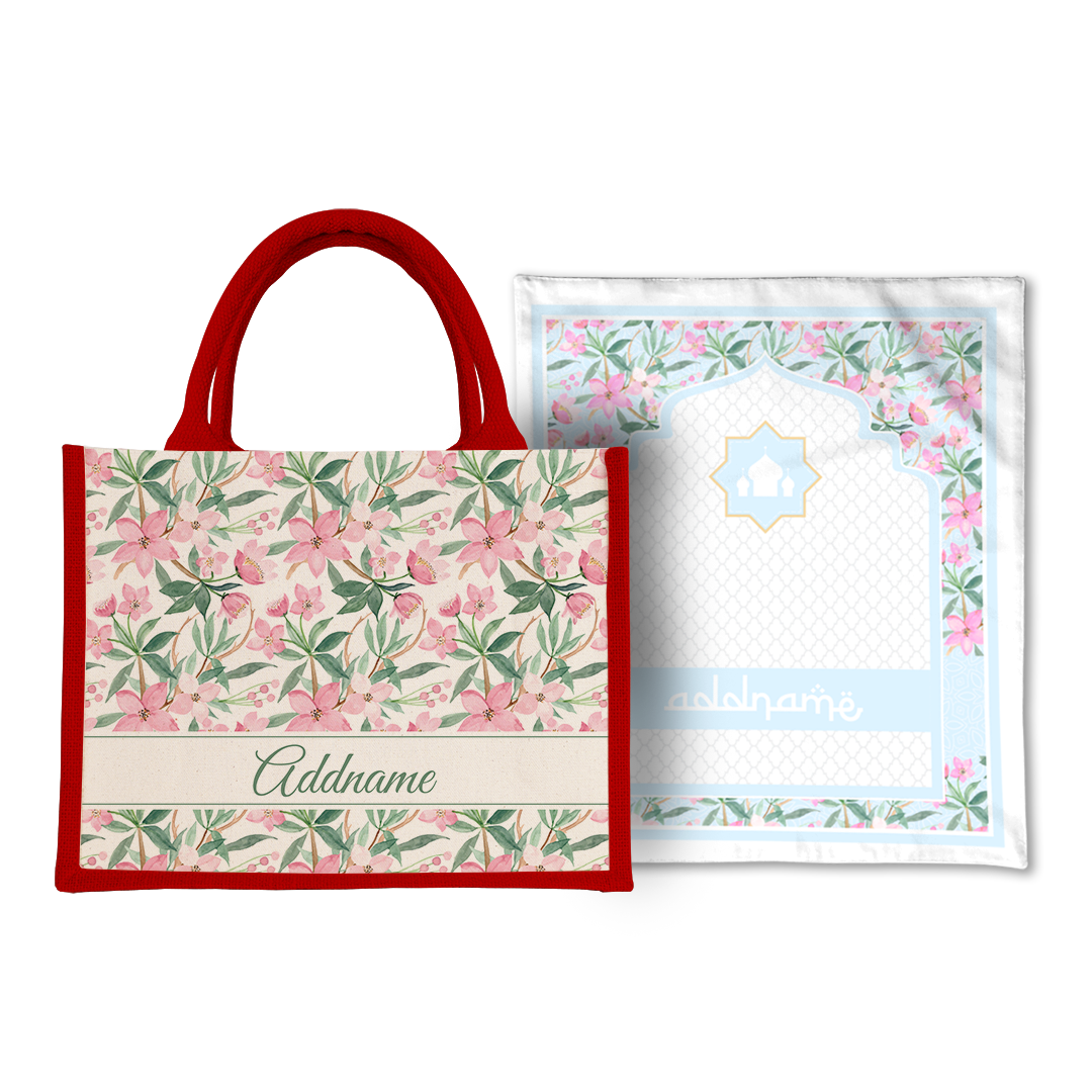 Blossom Sejadah Prayer Mat with Half Lining Small Jute Bag Bundle