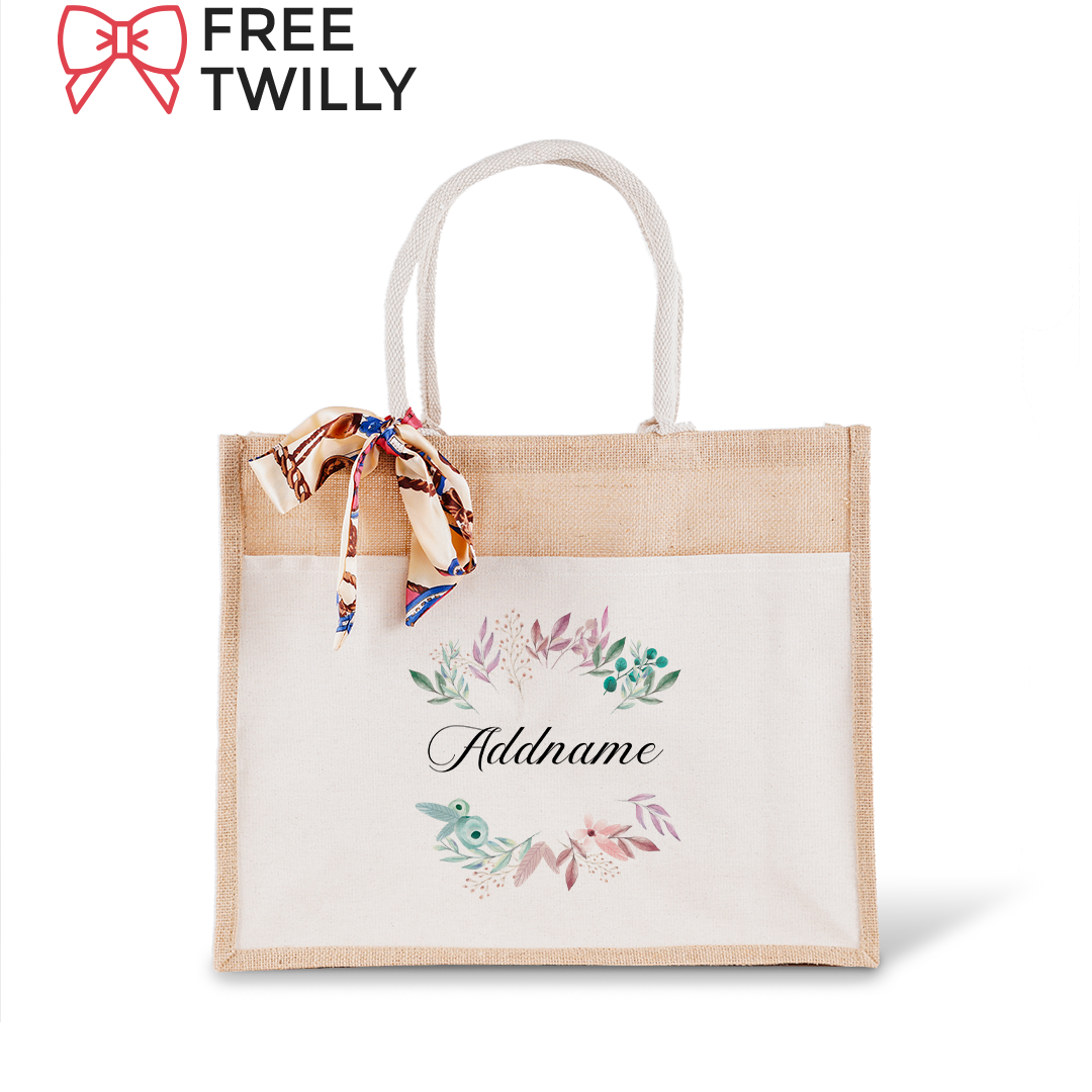 Flower Wreath With Leaves Jute Bag with Front Pocket