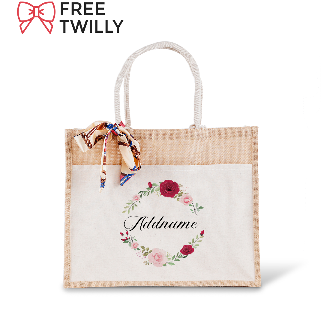 Luxurious Flower Wreath Jute Bag with Front Pocket