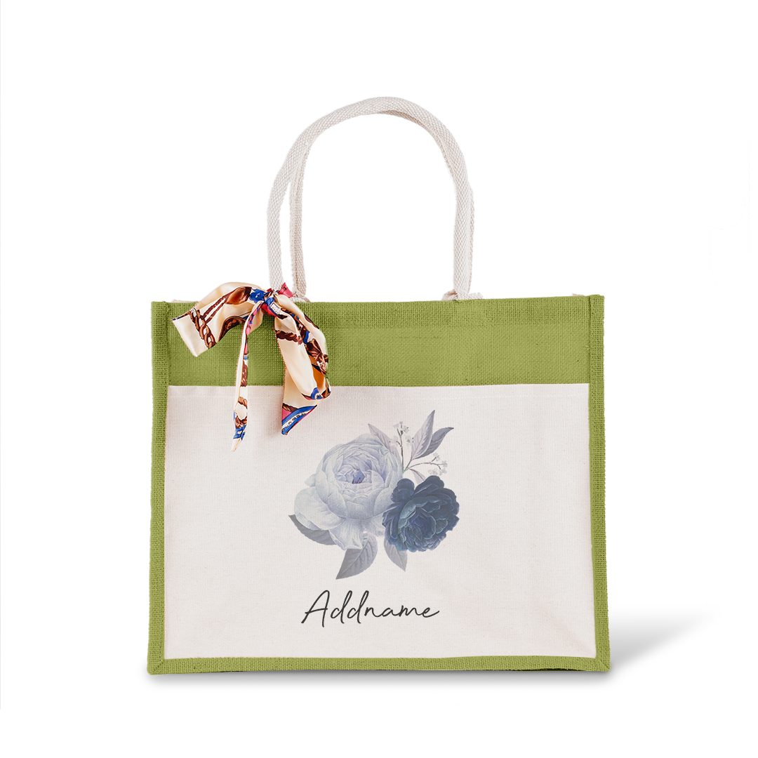 Blue Rose With Jute Bag with Front Pocket