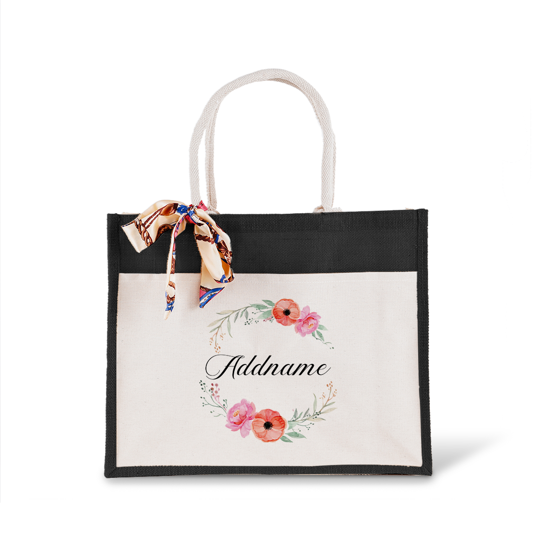 Elegant Flower Wreath Jute Bag with Front Pocket