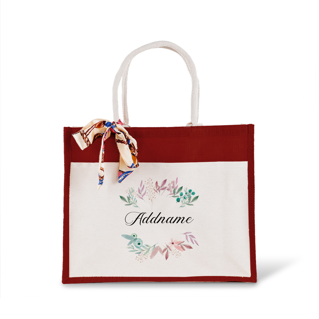 Flower Wreath With Leaves Jute Bag with Front Pocket