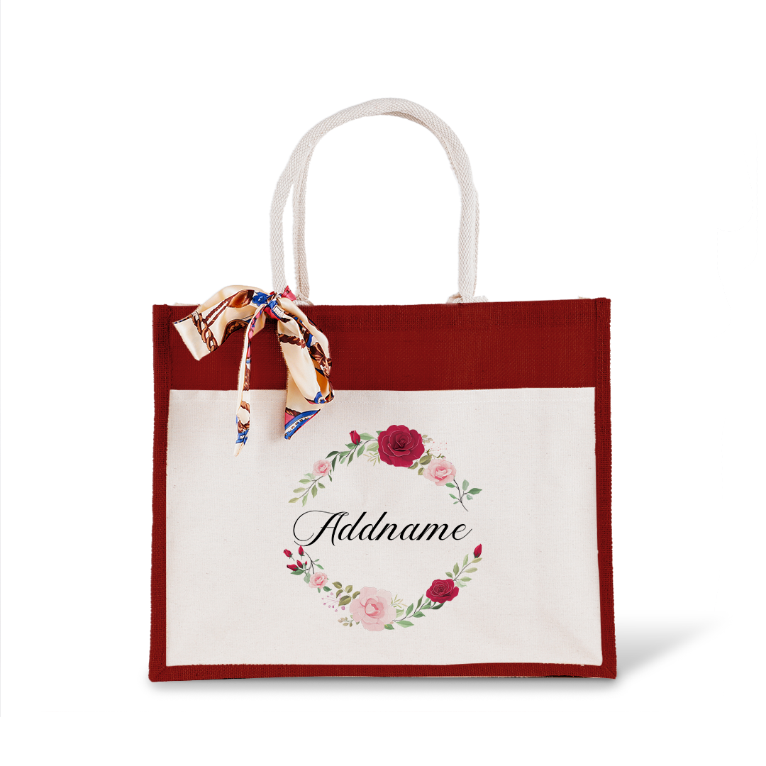 Luxurious Flower Wreath Jute Bag with Front Pocket