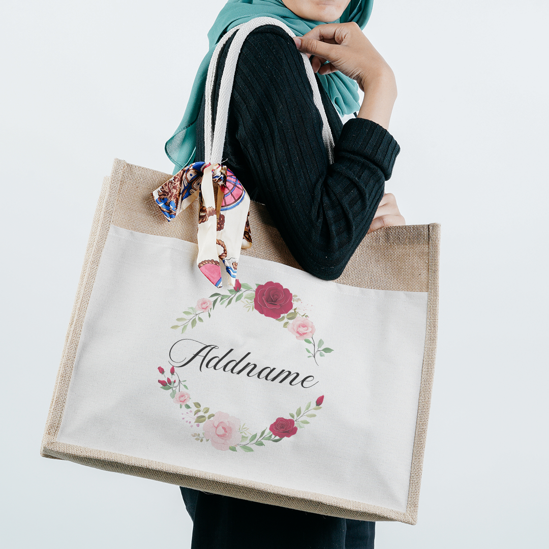 Luxurious Flower Wreath Jute Bag with Front Pocket