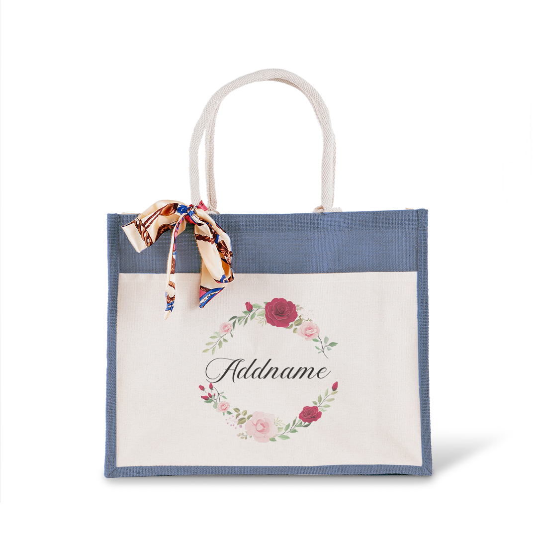 Luxurious Flower Wreath Jute Bag with Front Pocket