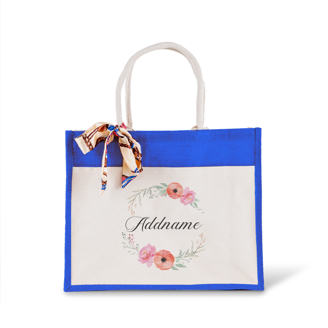 Elegant Flower Wreath Jute Bag with Front Pocket