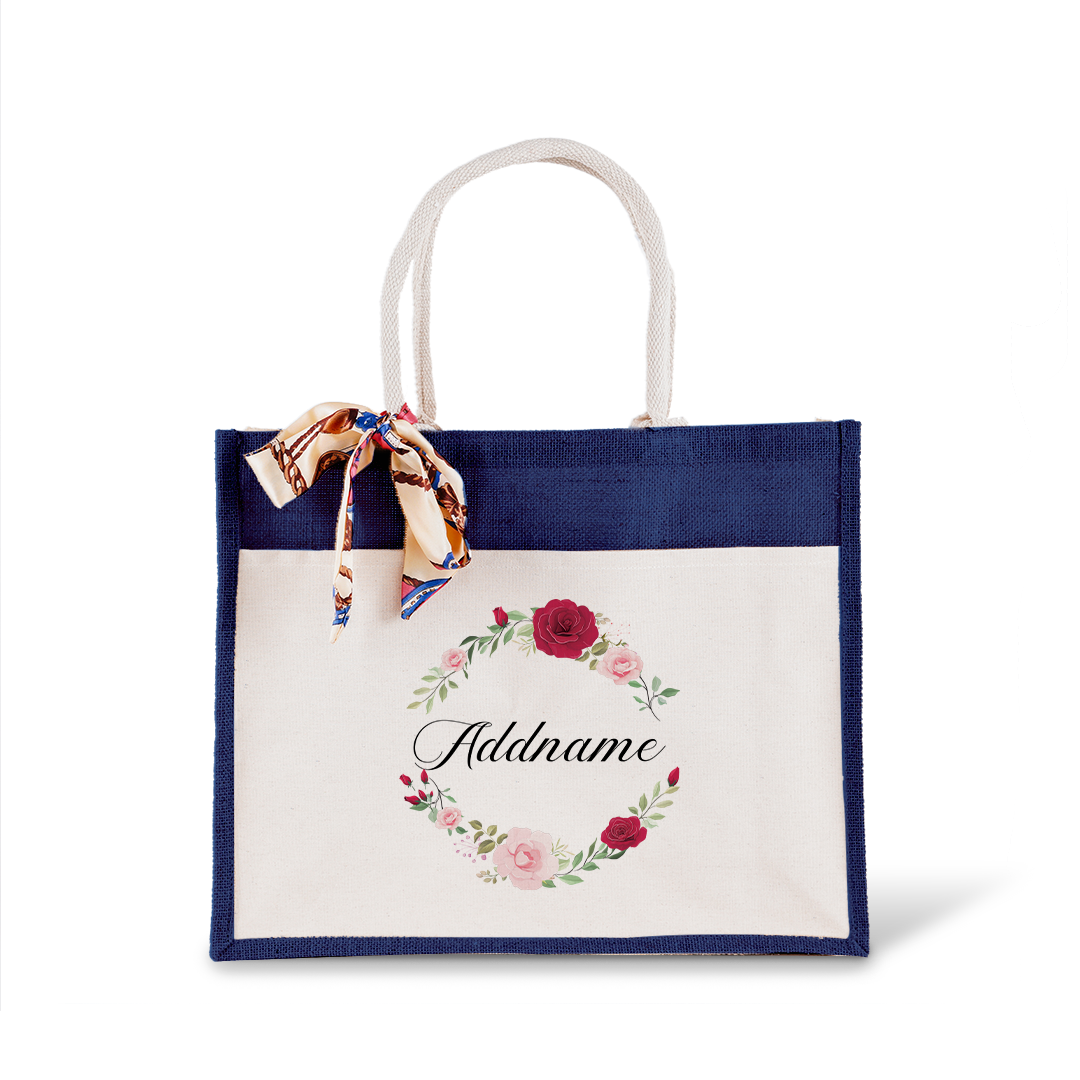 Luxurious Flower Wreath Jute Bag with Front Pocket