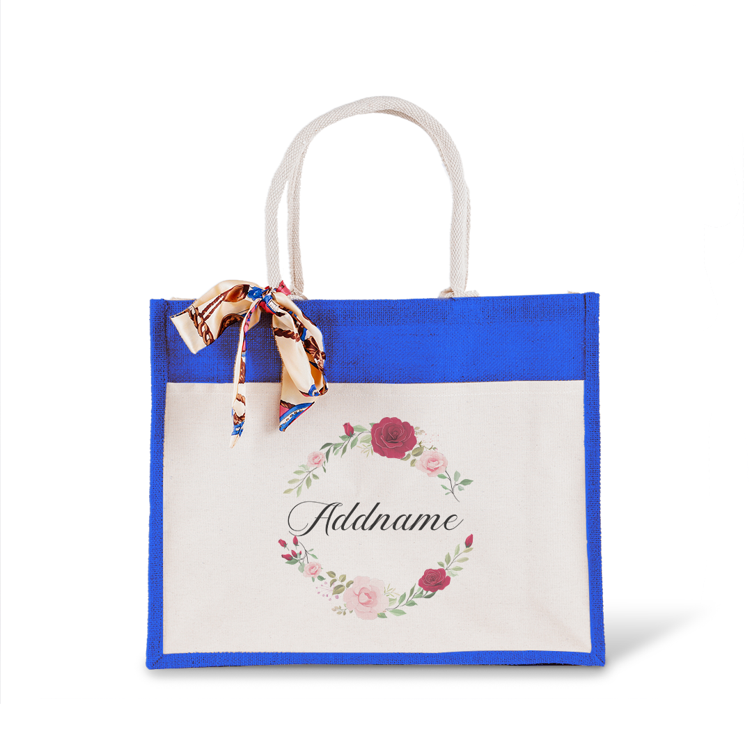 Luxurious Flower Wreath Jute Bag with Front Pocket