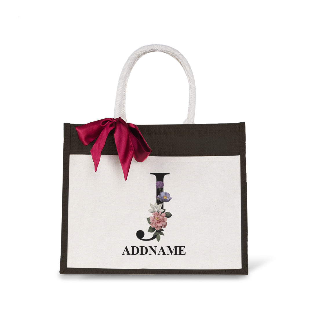 Myra Floral Series Black Jute Bag with Front Pocket