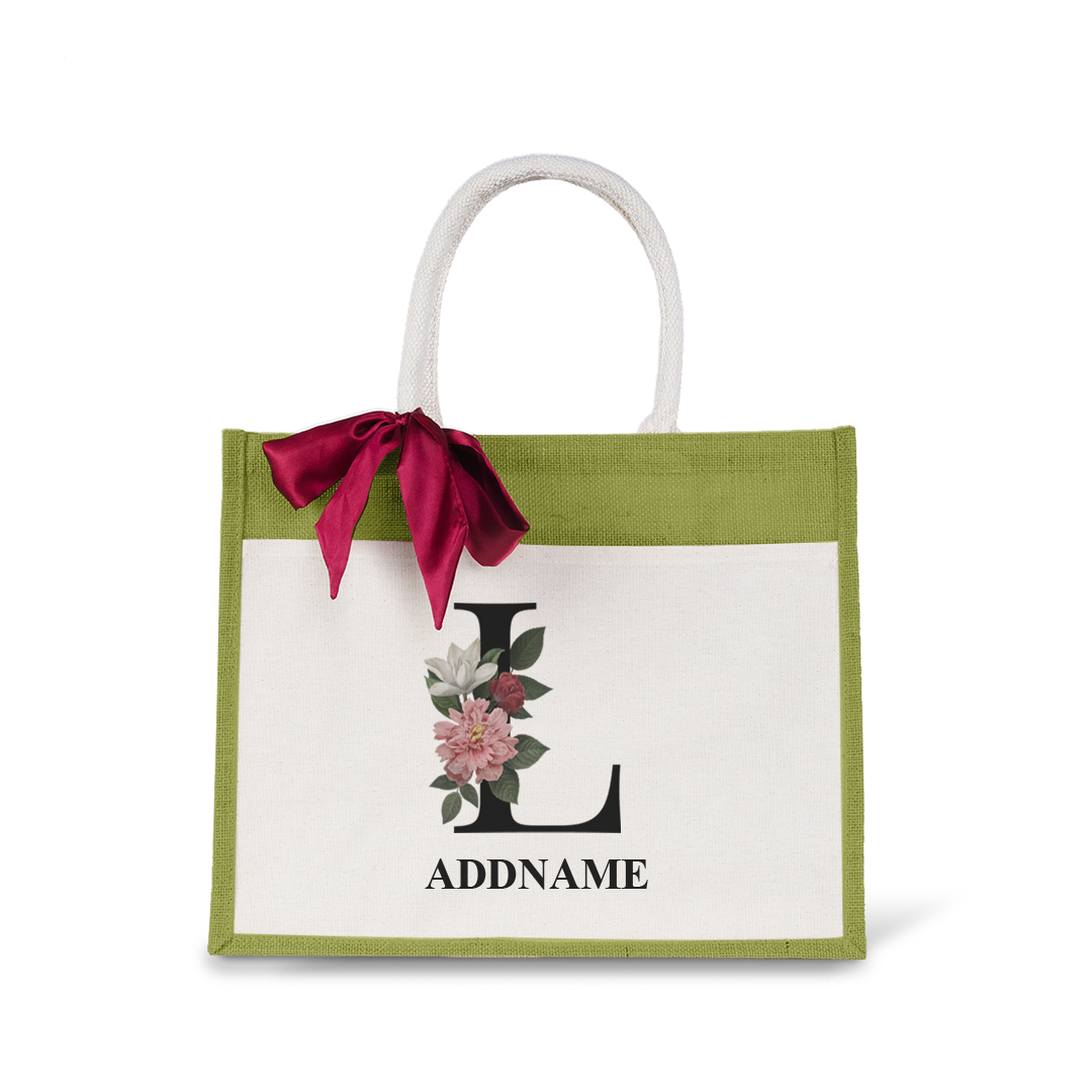 Myra Floral Series Olive Green Jute Bag with Front Pocket