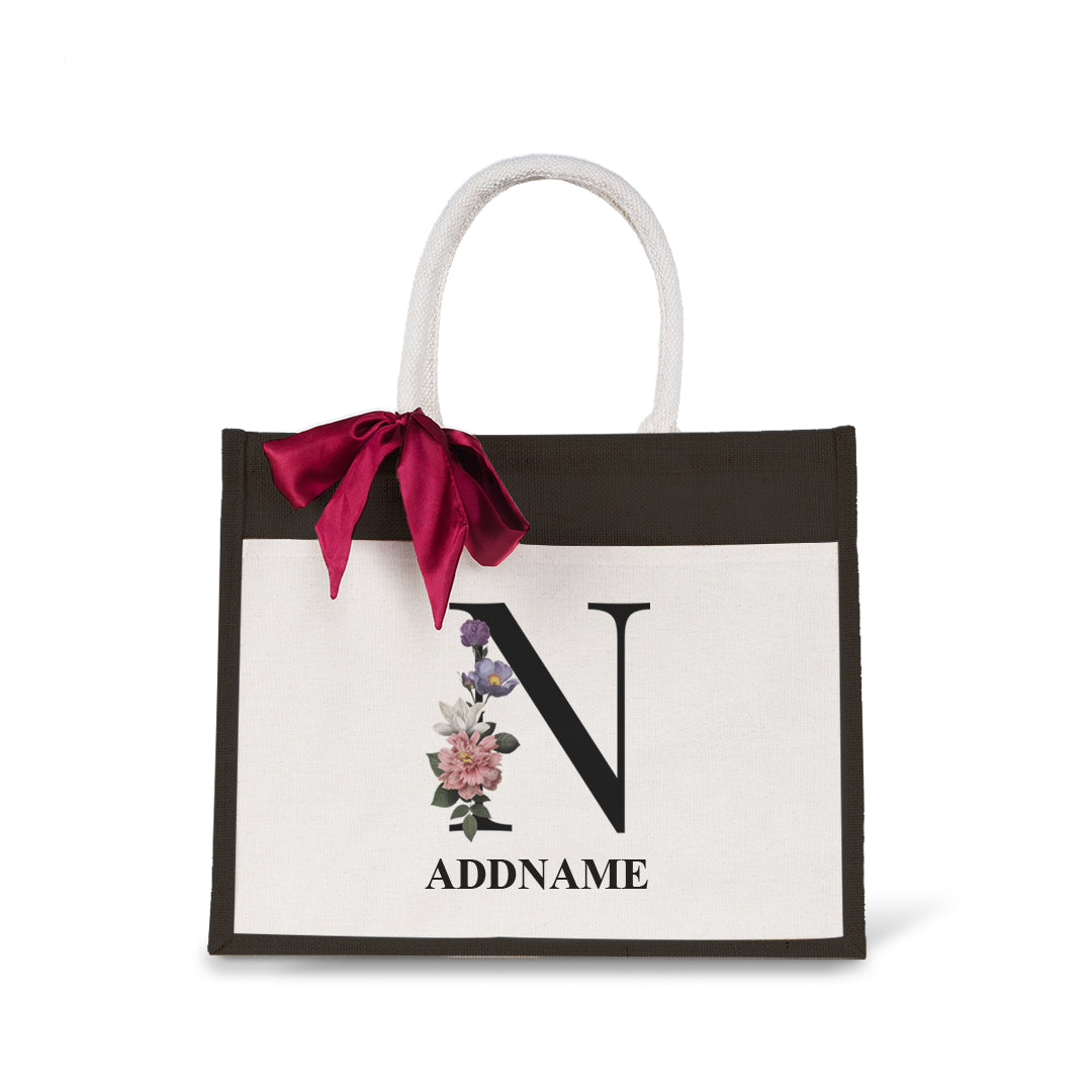 Myra Floral Series Black Jute Bag with Front Pocket