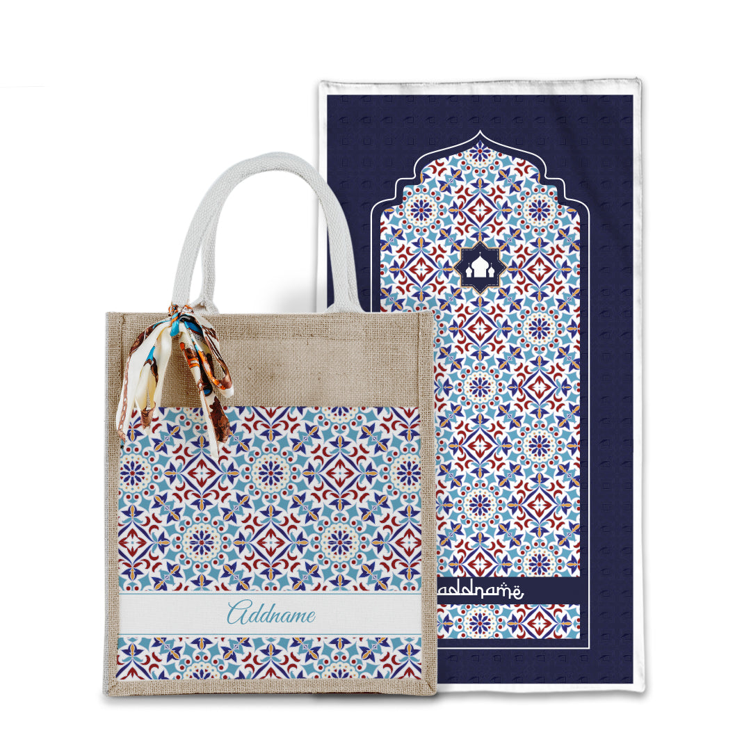 Arabesque Agean Blue Sejadah with Matching Colourful Jute Bag