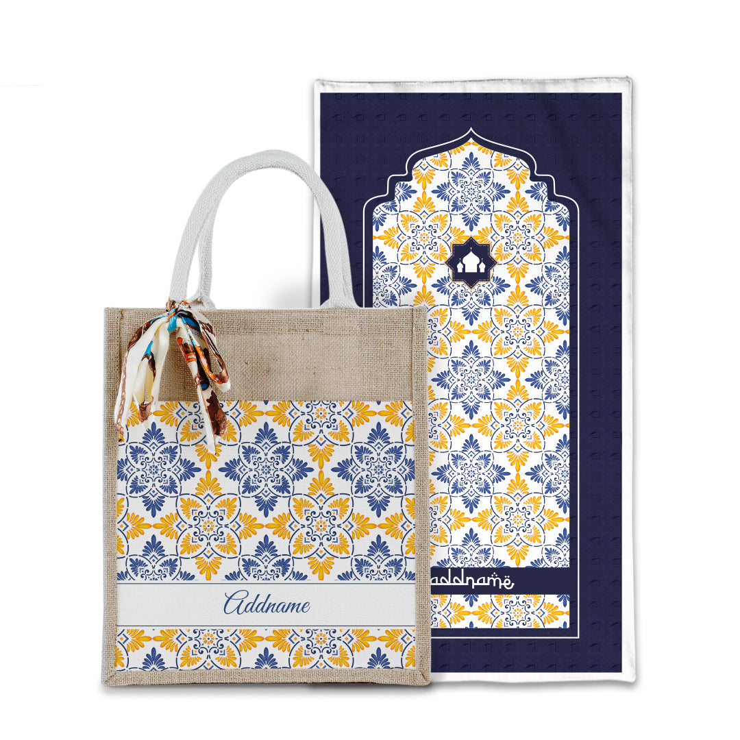 Arabesque Butter Blue Sejadah with Matching Colourful Jute Bag
