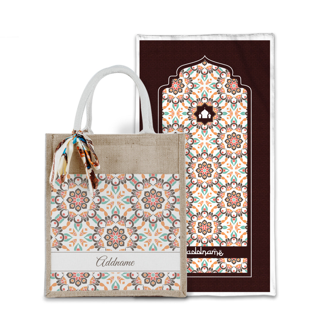 Arabesque Geo Brown Sejadah with Matching Colourful Jute Bag