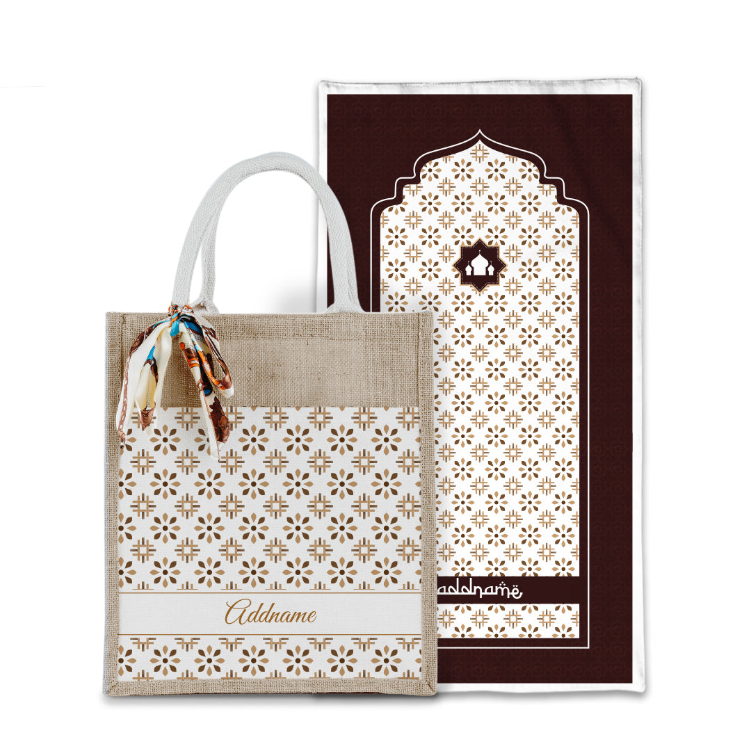 Arabesque Tawny Brown Sejadah with Matching Colourful Jute Bag