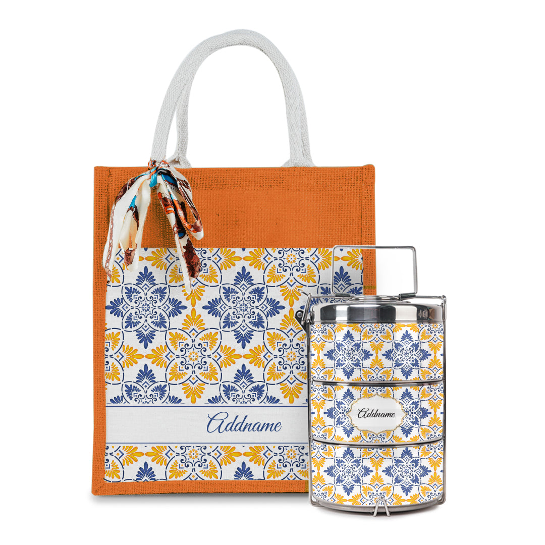 Arabesque Butter Blue Colourful Jute Bag with Tiffin Carrier Set