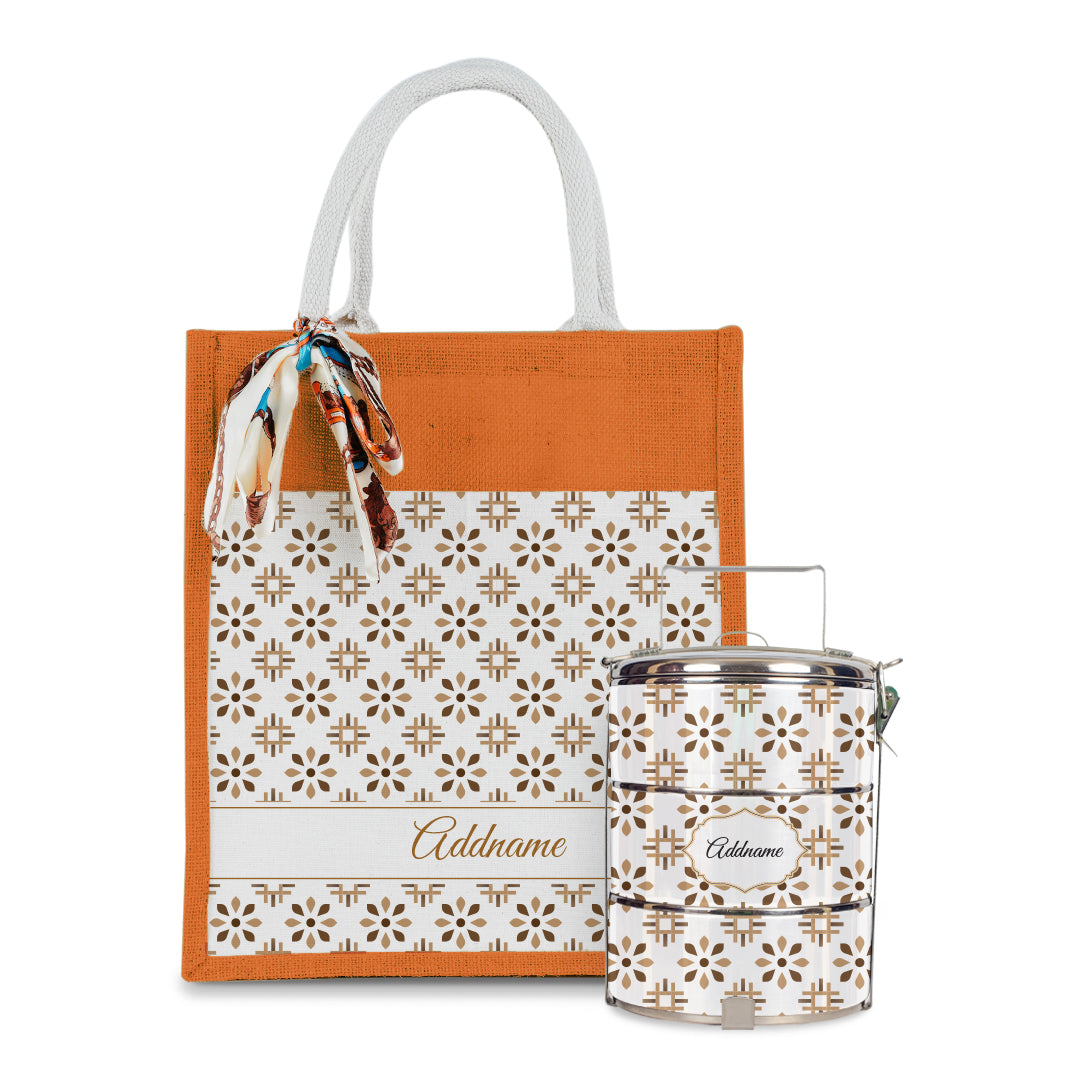 Arabesque Tawny Brown Colourful Jute Bag with Tiffin Carrier Set