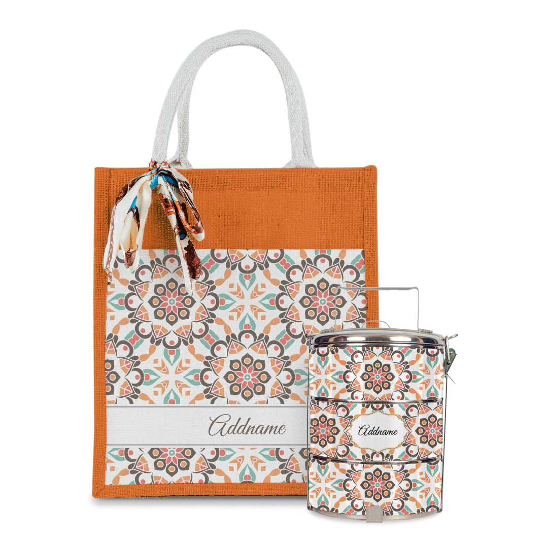 Arabesque Geo Brown Colourful Jute Bag with Tiffin Carrier Set