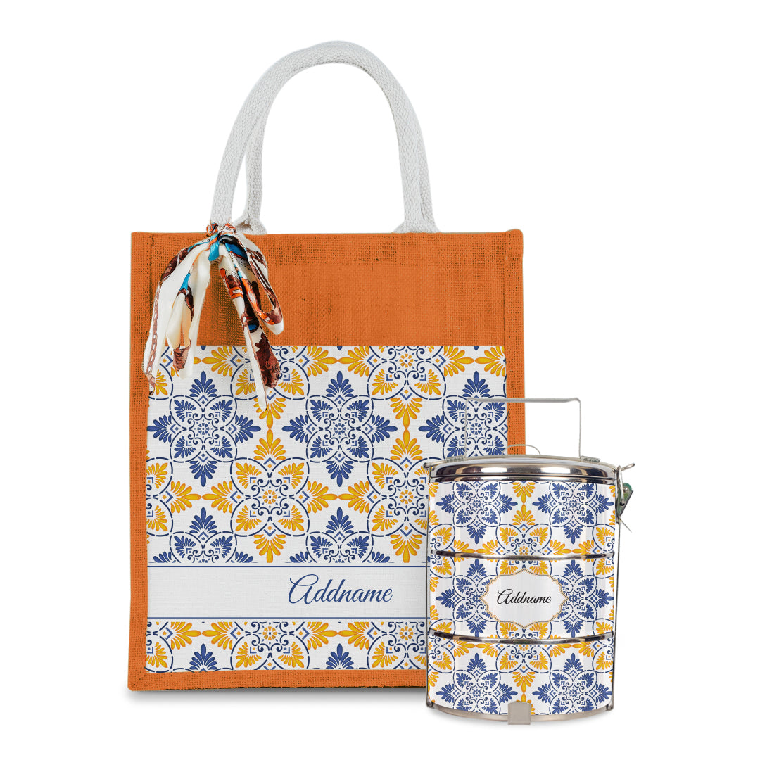 Arabesque Butter Blue Colourful Jute Bag with Tiffin Carrier Set