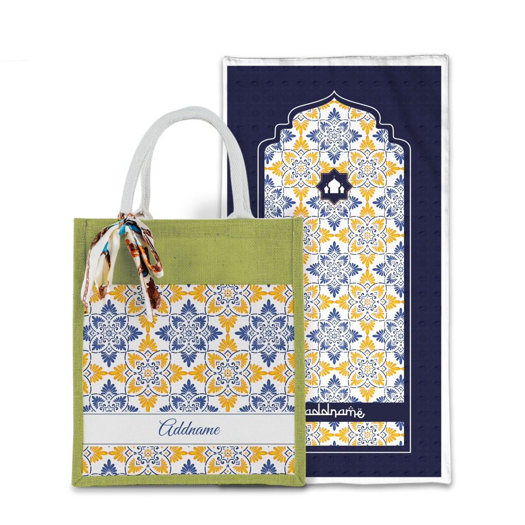 Arabesque Butter Blue Sejadah with Matching Colourful Jute Bag