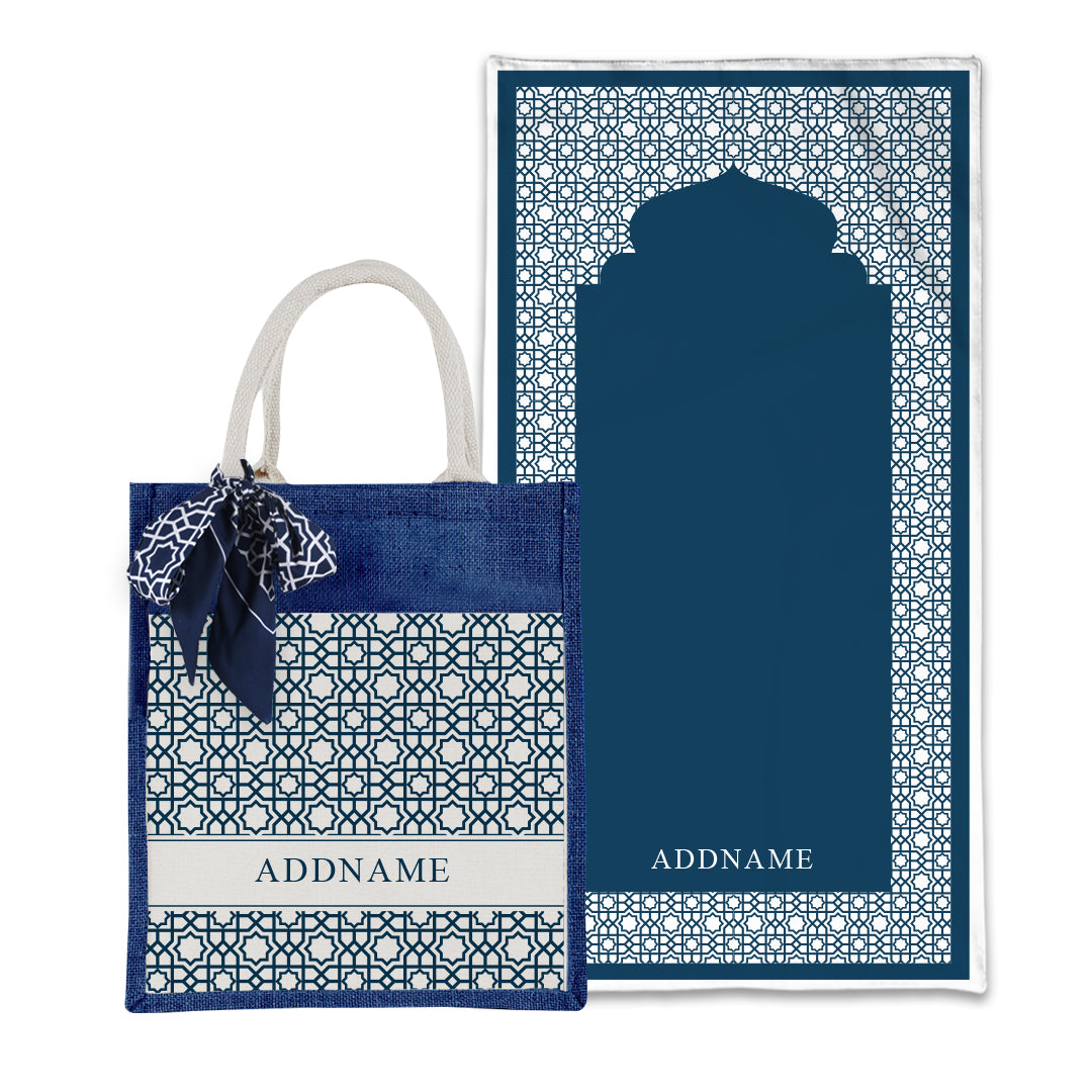 Annas Series - Prussian Blue Prayer Mat with Matching Colourful Jute Bag