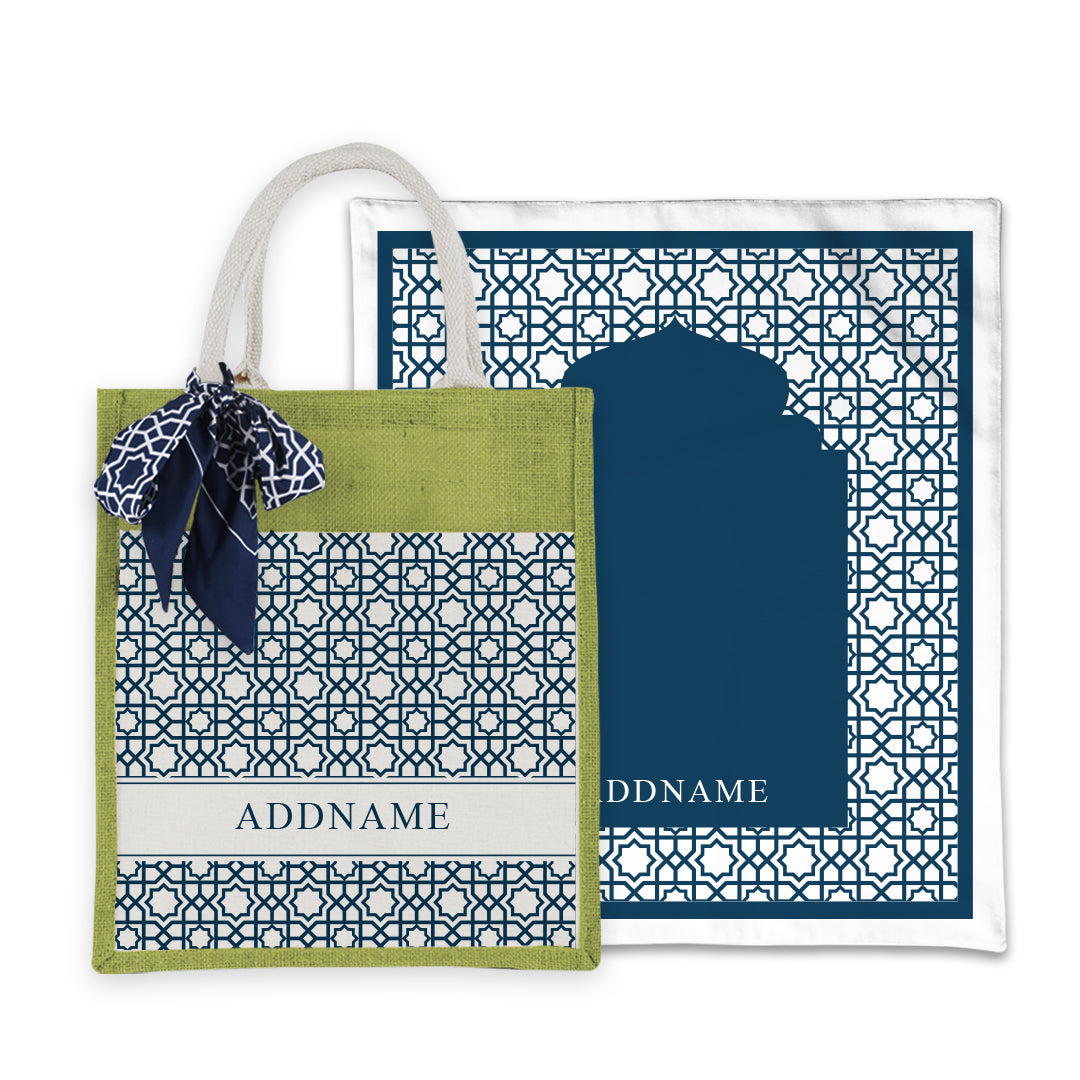 Annas Series - Prussian Blue Prayer Mat with Matching Colourful Jute Bag
